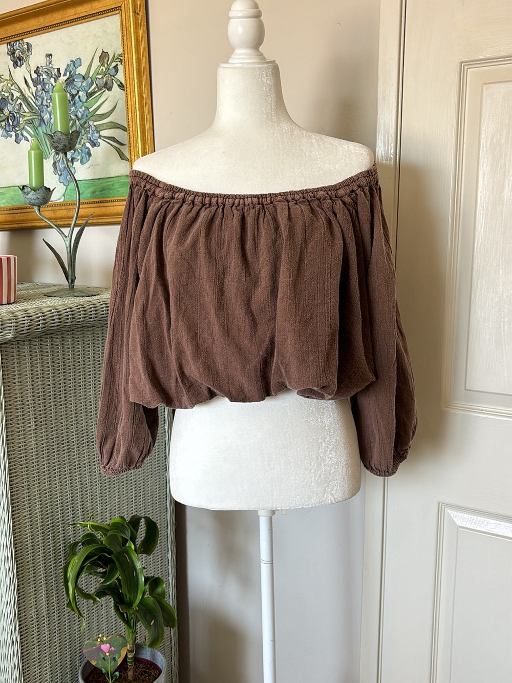 We The Free Brown Off-Shoulder Crop Top